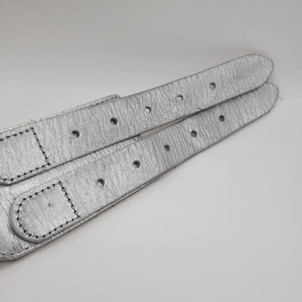 Linea Pelle Belt Small Silver Metallic Leather Waist Double Buckle Cutout Boho